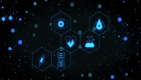 Animation-of-network-of-blue-medical-icons-over-light-spots-and-connections-on-black-background