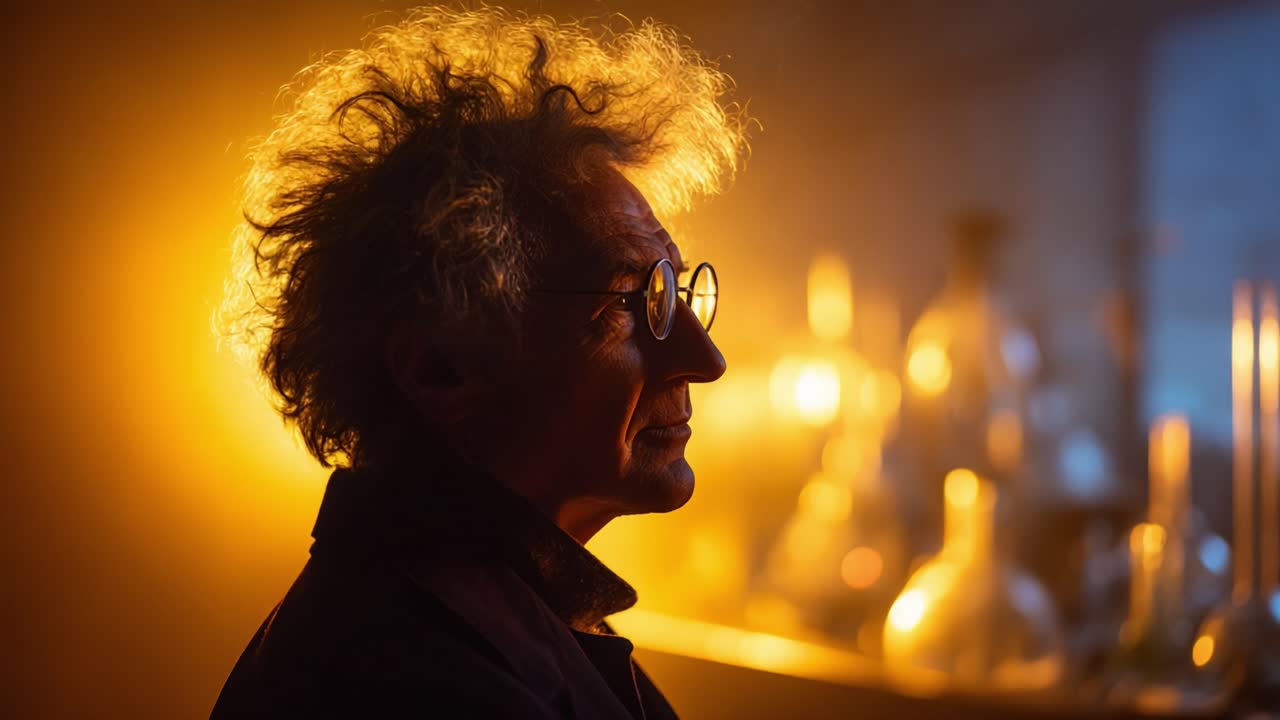 A scientist in profile amidst a glowing laboratory, showcasing the wonders of chemistry with creative experiments and vibrant illumination from glass beakers