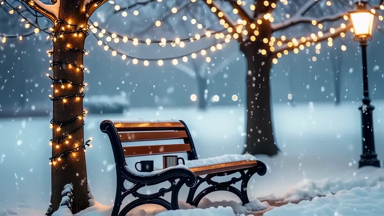 Snow is gently falling on a park bench adorned with Christmas lights and two mugs, creating a cozy winter scene at dusk