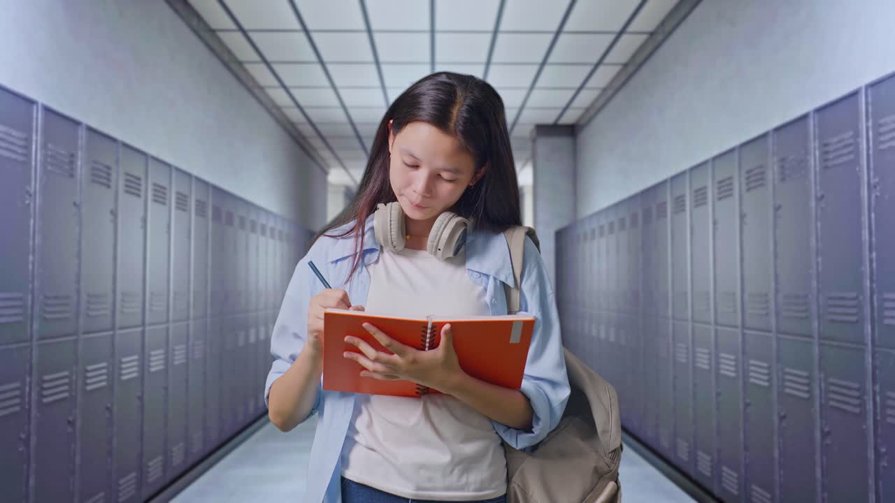 una adolescente pensando en el pasillo de la escuela