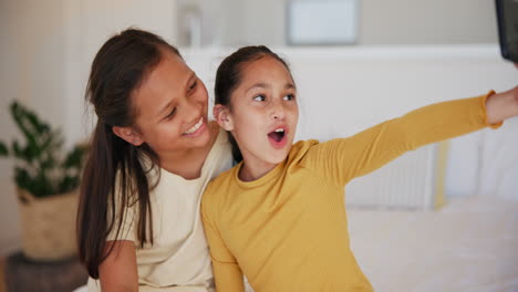 girl, kids and selfie of sisters in bedroom