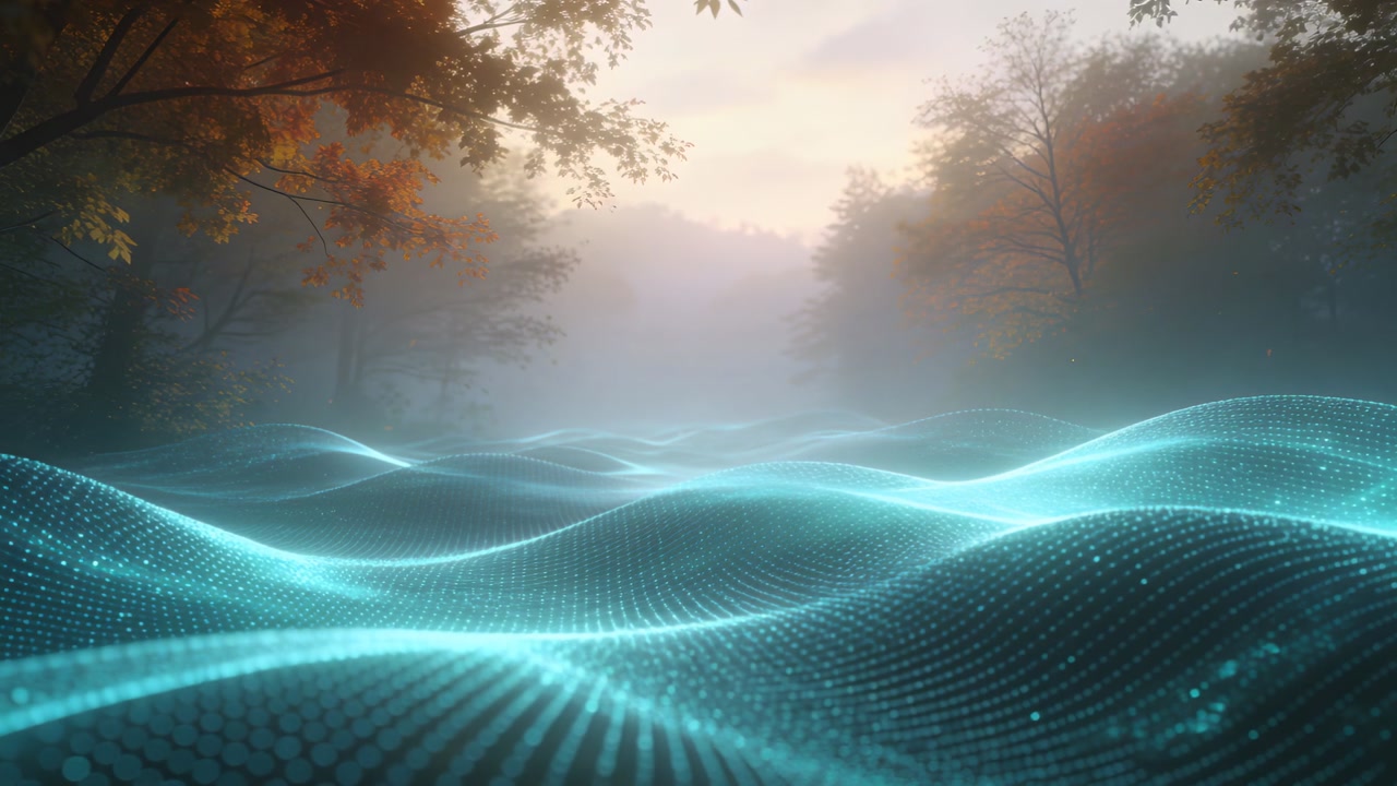 Undulating glowing turquoise mesh responding to sunrise over misty forest valley, with particles