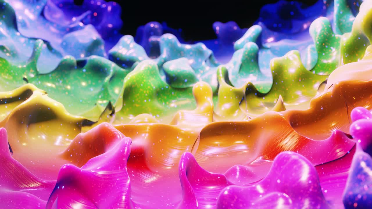 animación abstracta suave de color arco iris de gradiente líquido en 4k. superficie de pintura brillante brillante como fondo festivo en bucle abstracto. brilla en líquido viscoso con salpicaduras 3d en la superficie como gotas.
