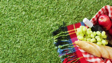 picnic basket with checkered blanket, fruits, bread and wine on grass with copy space