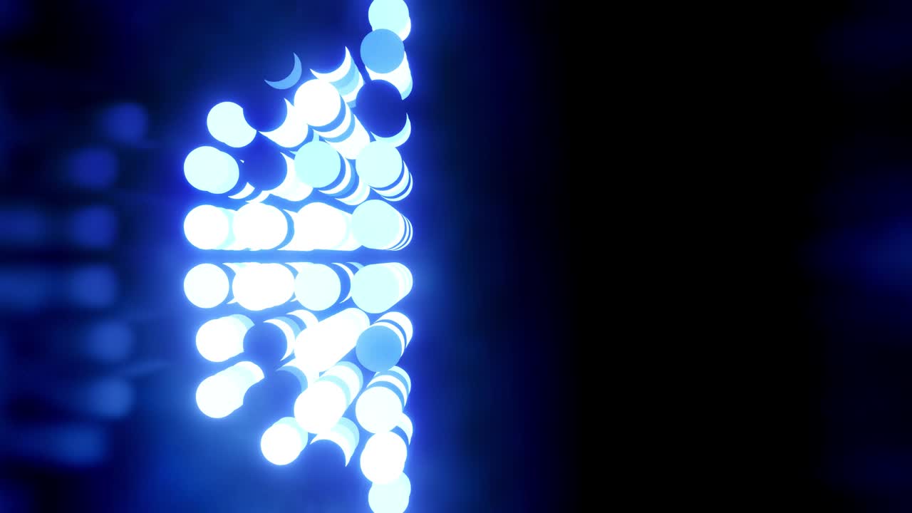 las bolas azules brillantes parpadean en la habitación brillante. fondo 3d abstracto de esferas luminosas en cámara oscura brillante. fondo elegante en tono de color. bombillas se encienden y se apagan al azar en filas formando esfera.