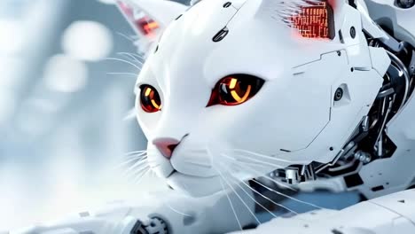 a white robot cat with red eyes laying down on the ground