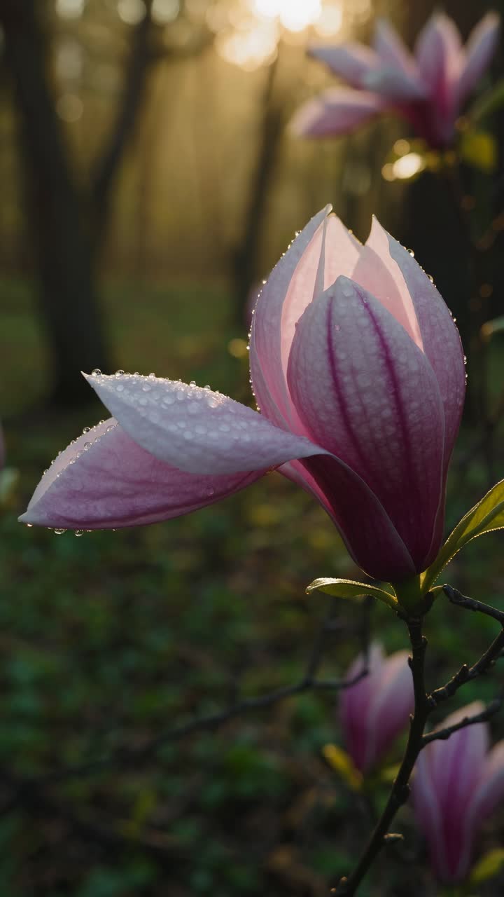 Video close-up bunga magnolia merah muda berembun saat matahari terbit, diambil dari sudut rendah
