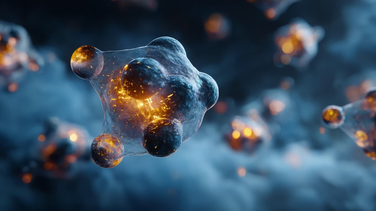 Abstract Visualization of Molecular Structure with Glowing Elements Against a Dark Background, Representing Atomic Interactions and Quantum Mechanics Concepts