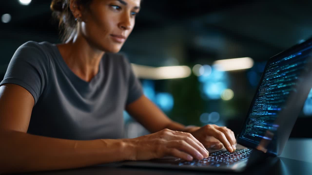 A focused individual engages deeply with coding on a laptop, reflecting concentration and dedication in a modern workspace environment, showcasing technology and the art of programming as a creative pursuit