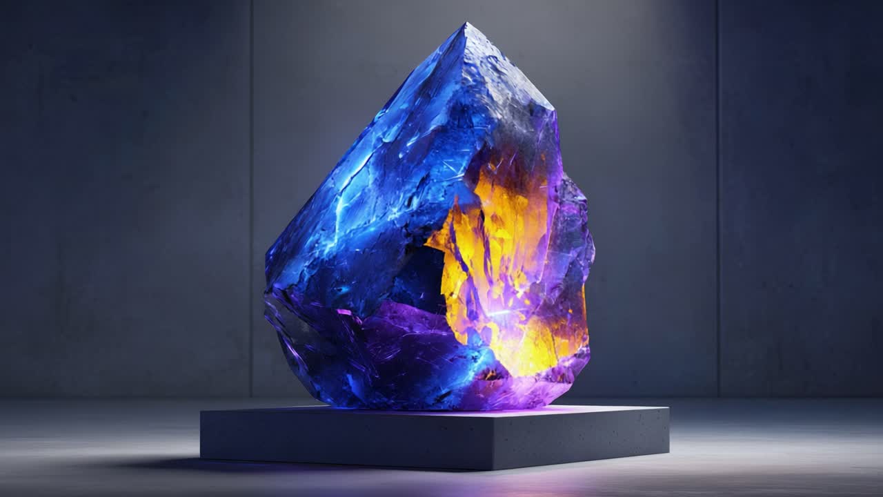 Large raw gemstone glowing with internal energy, displayed on a plinth in a minimalist showroom. The ethereal light transitions from blue to purple, illuminating the crystal's complex facets