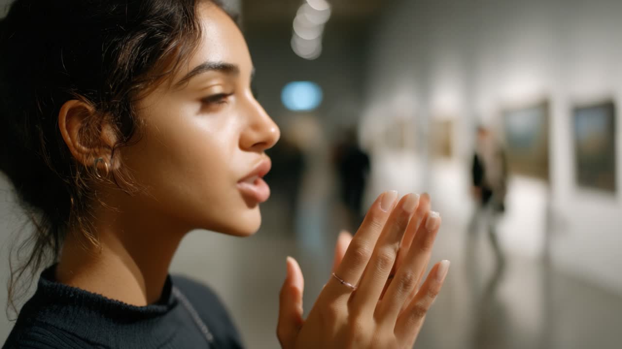 Captivating Moment at an Art Gallery: A Young Woman Engages Emotionally with the Artwork, Showcasing Curiosity and Appreciation for Visual Artistry