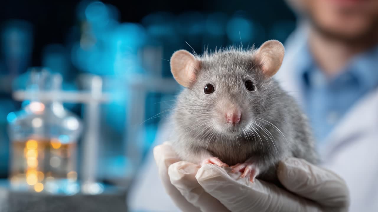 Researcher Holding Laboratory Rat in Gloved Hand with Scientific Equipment in Background, Showcasing the Importance of Animal Testing in Biomedical Studies