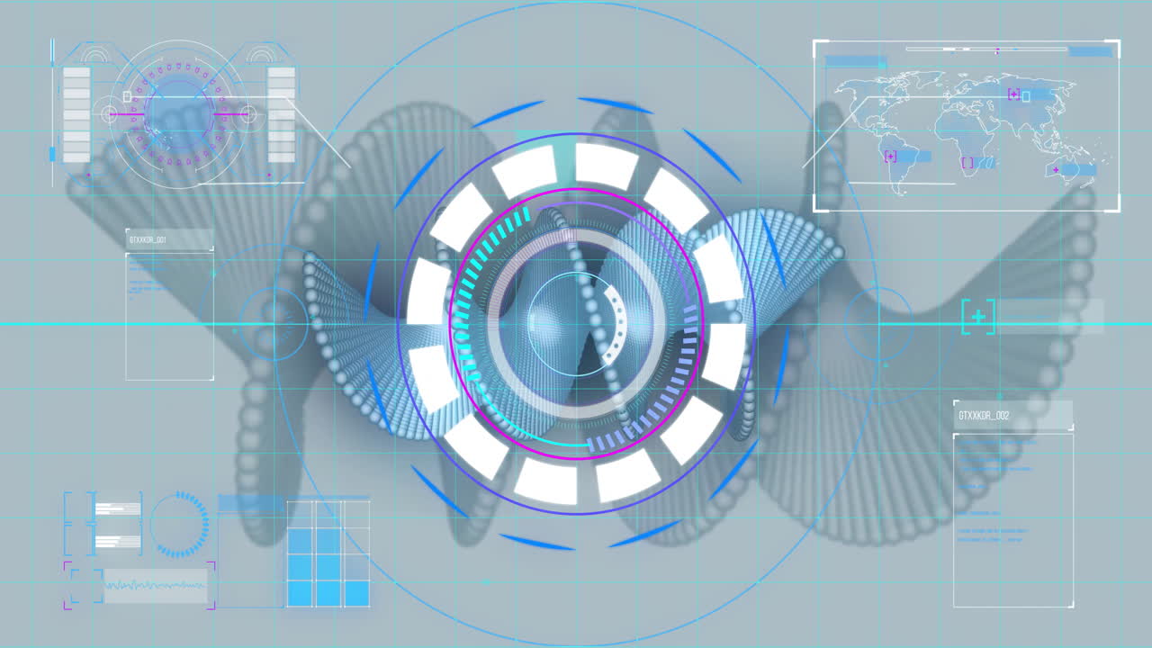 디지털 dna 스트랜드와 세계 지도를 통해 미래의 데이터 처리 애니메이션