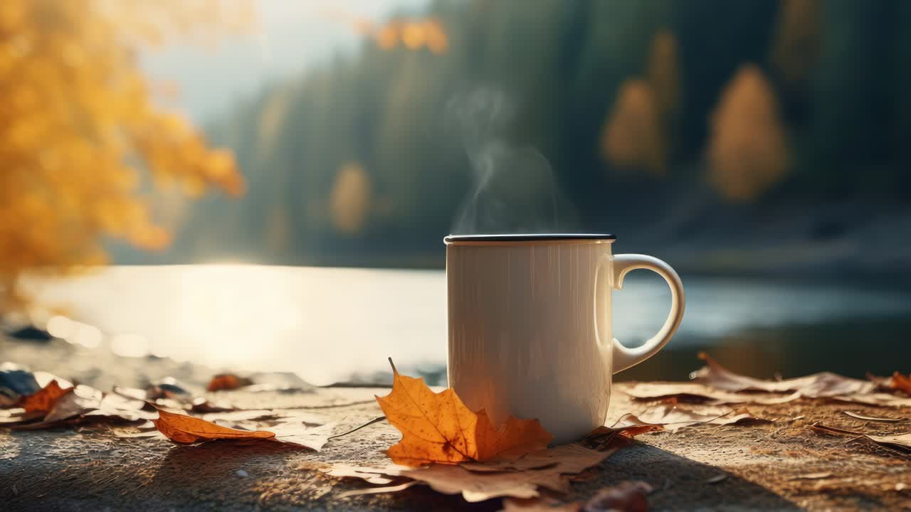 A cozy autumn scene with a steaming mug on a leaf-covered table
