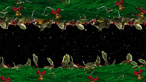 la nieve cayendo sobre la decoración de la corona de navidad con campanas contra un fondo negro