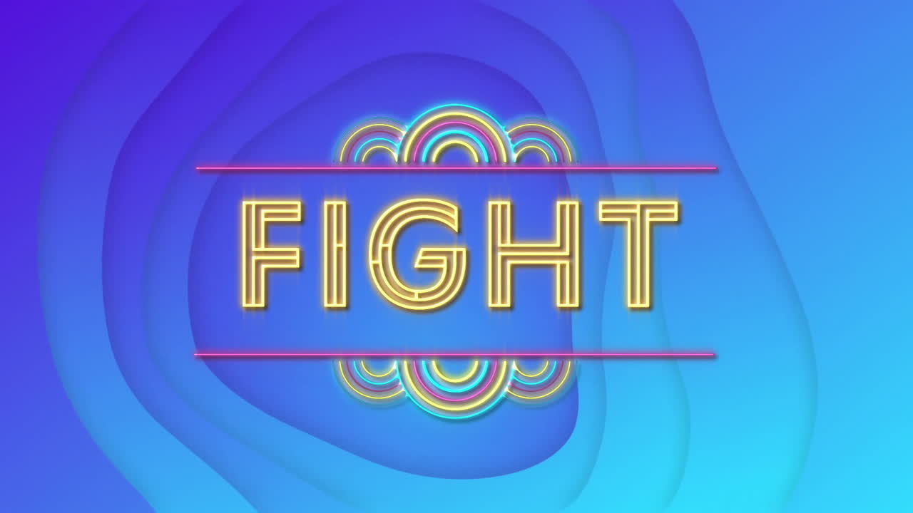 FIGHT text animation over colorful abstract background with layered shapes