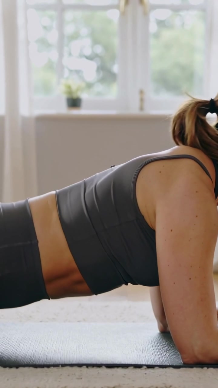 Vertical video: Starting raised hips, woman leveling body, holding plank on mat, wearing grey set