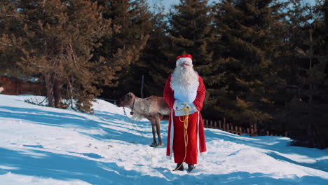 Santa-Claus-standing-on-a-path-covered-with-snow-in-nature-and-talking