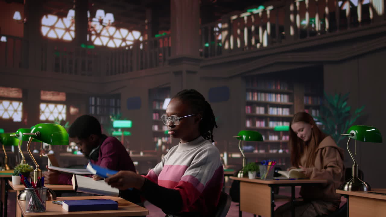 Vertical video black girl focuses on her exam preparations in the campus library