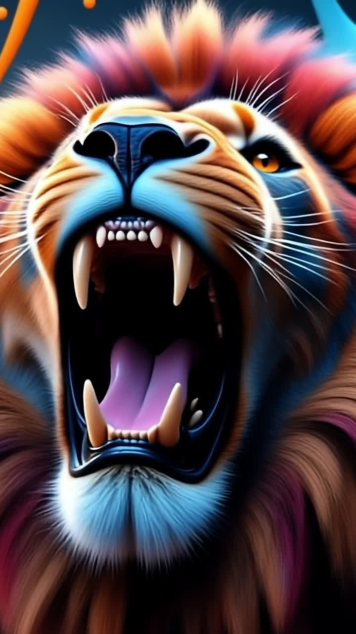 Vivid roaring lion. A lion with a vibrant mane roars fiercely, surrounded by dynamic splashes of blue and orange hues in the background.