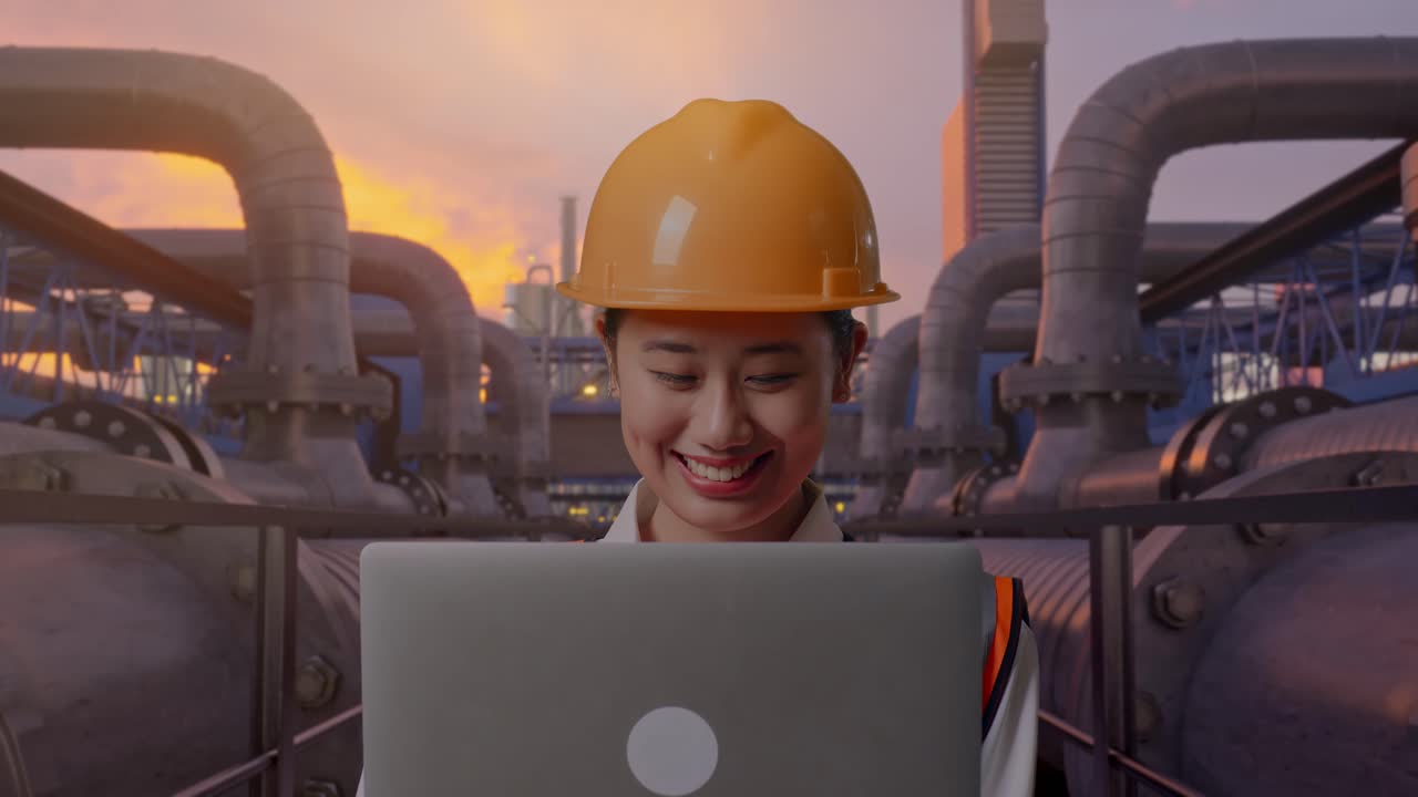 Close Up Of Asian Female Engineer With Safety Helmet Working On A Laptop While Standing, Industrial Pipeline Network at Sunset