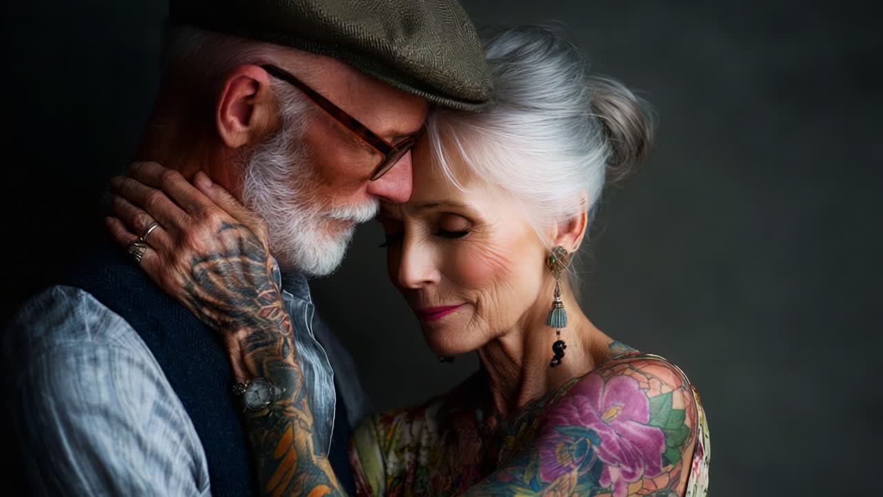 A Heartwarming Connection Between Two Seniors Expressing Affection Through Embrace, Celebrating Their Love and Unique Individuality Through Tattoos and Ageing Gracefully