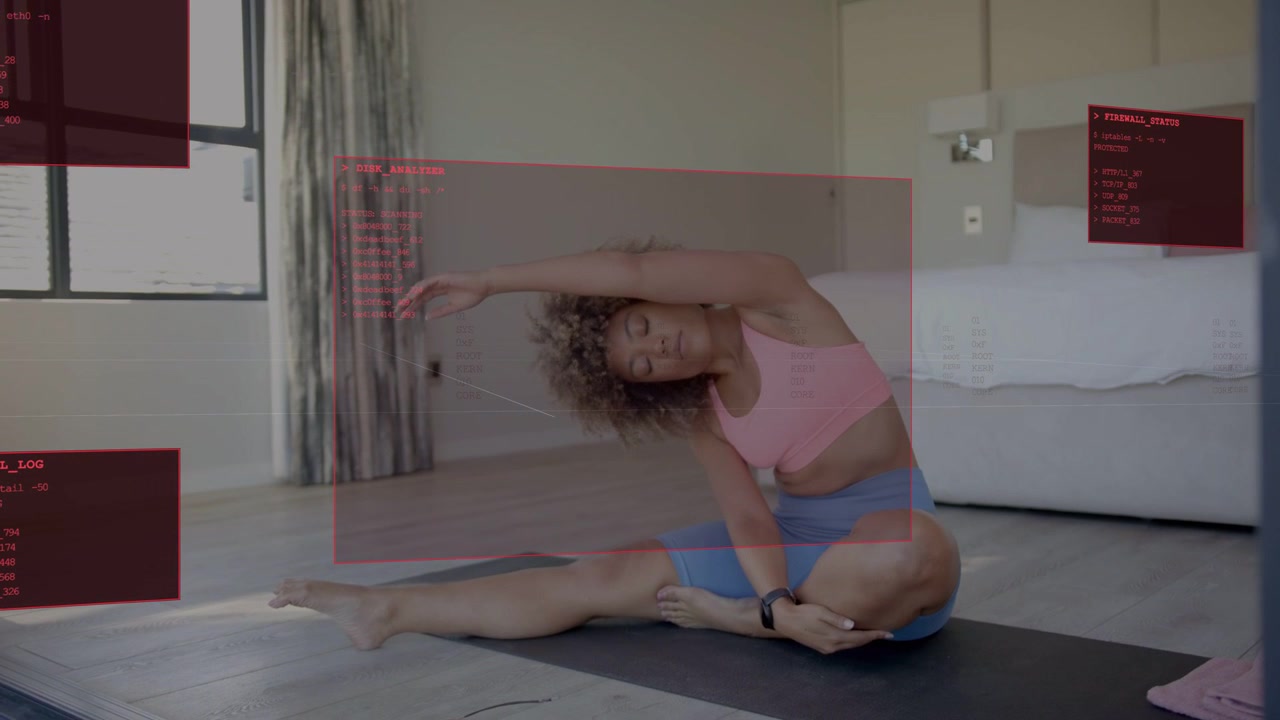 Mulher levantando o braço externo acima da cabeça, inclinando-se em um alongamento lateral sentado, com sobreposições de fitness monitorando a forma