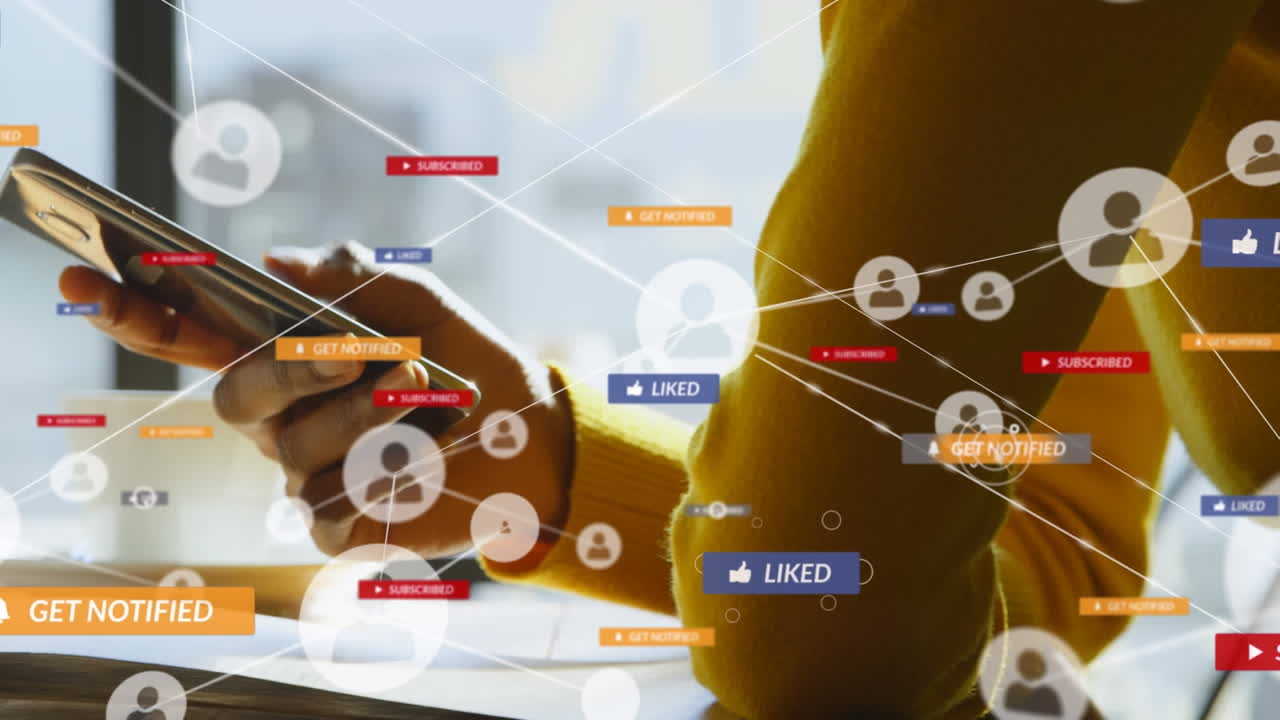Animation of network of connections and social media icons over african american man with smartphone