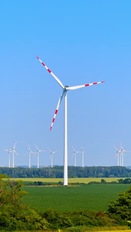 Wind turbines in a field. A large wind turbine stands prominently in a green field with several others in the background under a clear blue sky