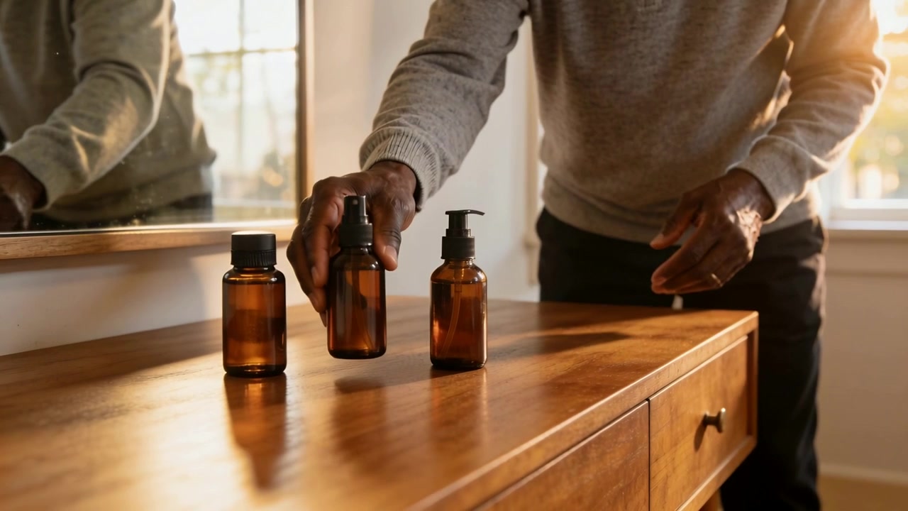 Approaching man in sweater aligning three amber glass bottles on bedroom dresser with mirror