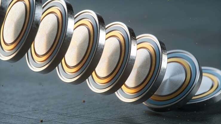 Tipping left disc striking neighbor, disc chain propagating cascade across dusty bench