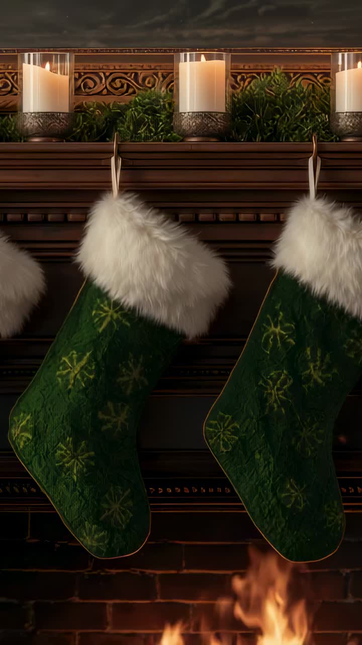 Vertical video: Flickering hearth flame causing green white-cuffed stockings swaying on home mantel