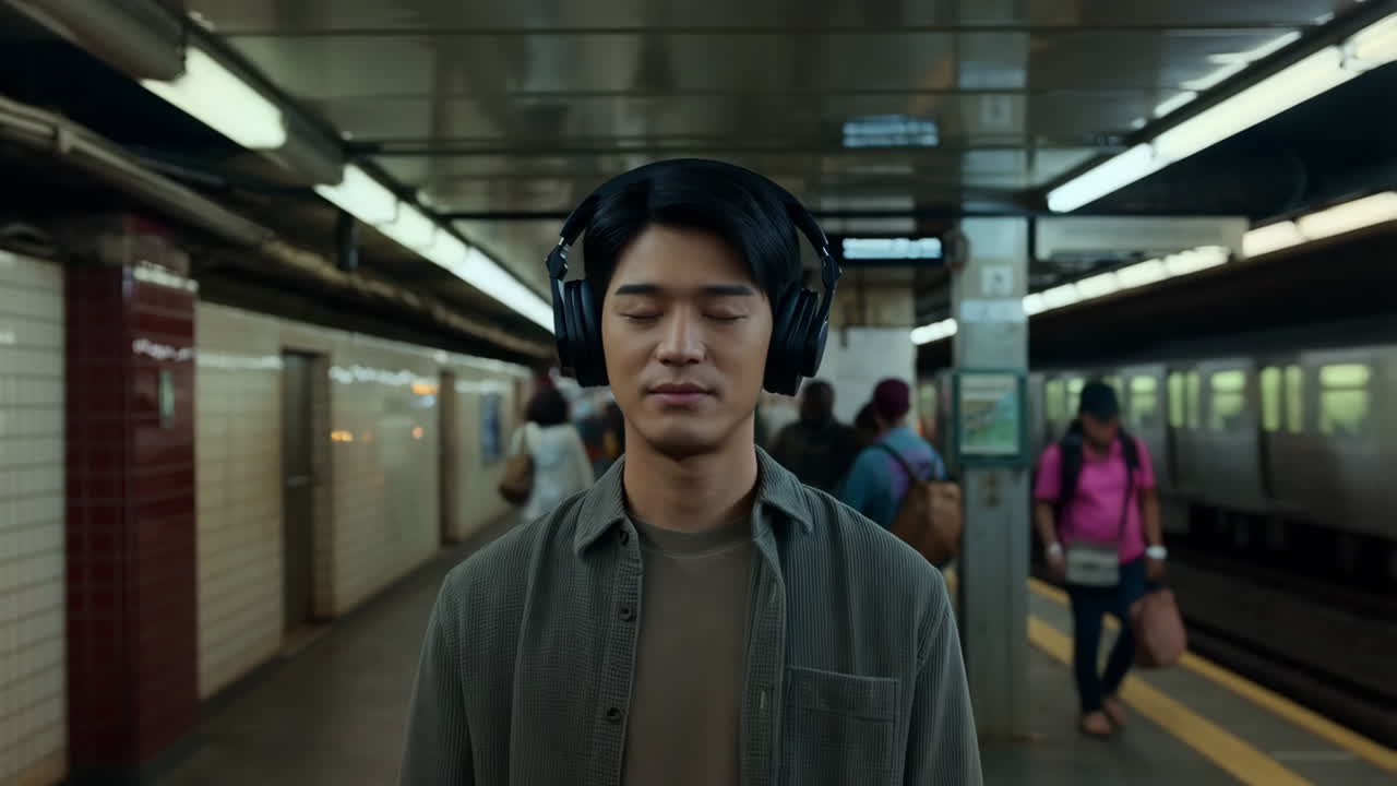 Man listening to headphones in subway