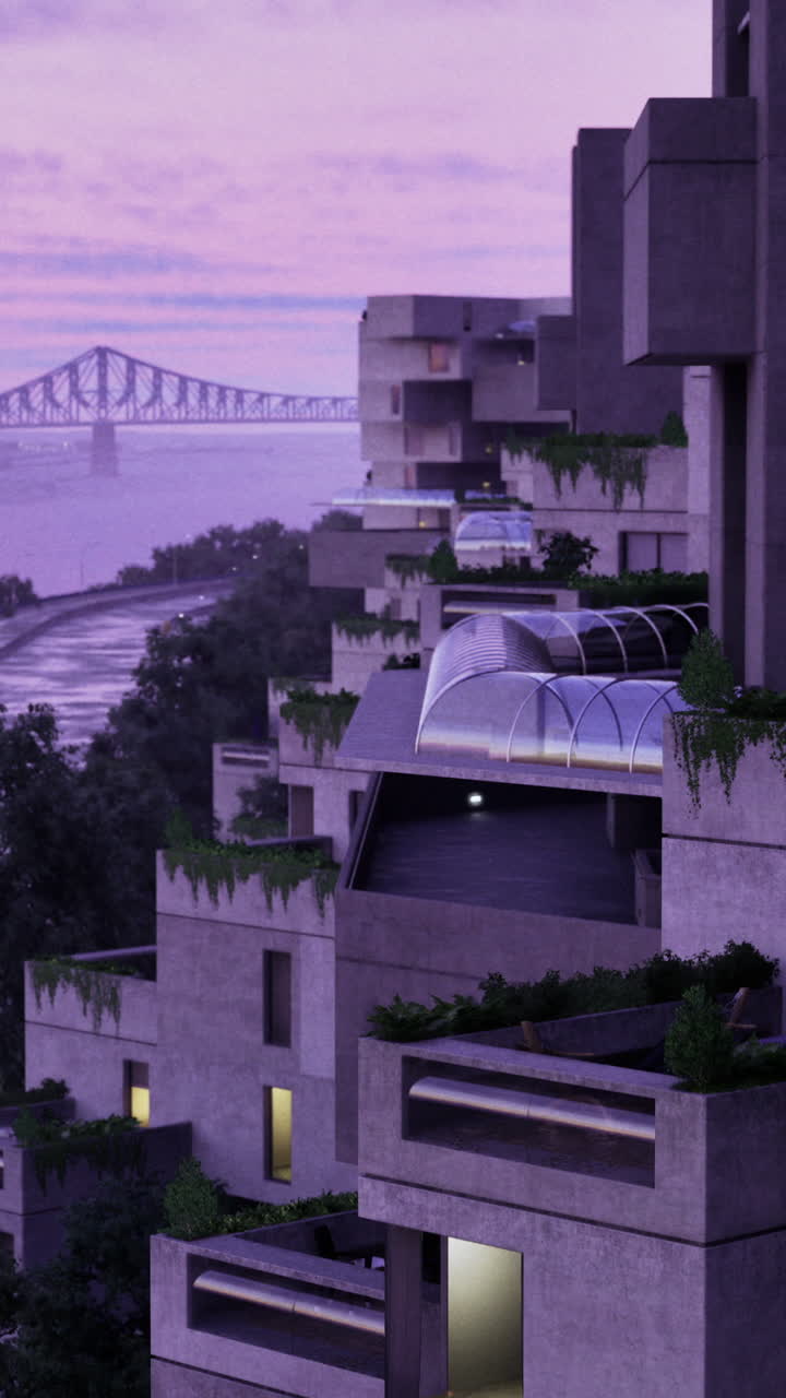 Modern architecture blends with nature along the riverbank during twilight