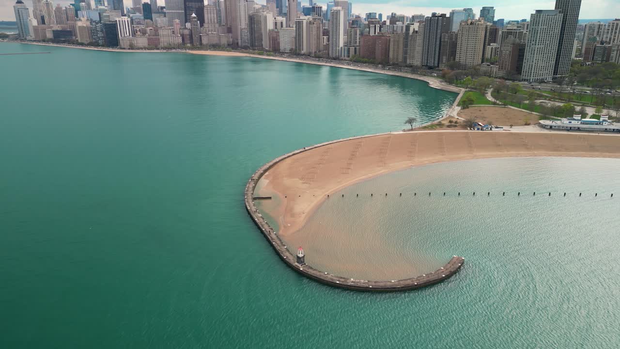 Aerial of North Avenue Beach Pier Descent, Chicago, Illinois - Drone 4k