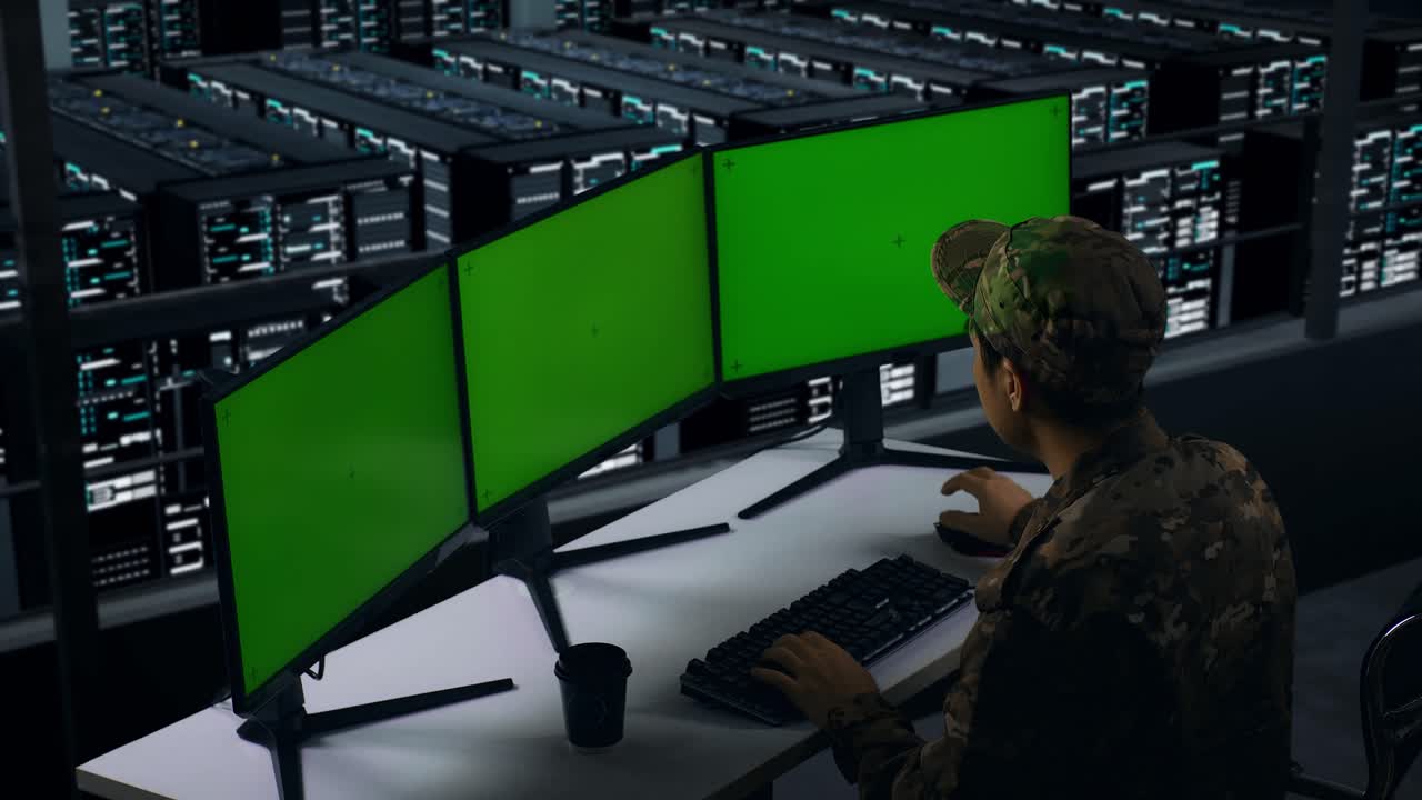 Side View Of Asian Military Drinking Coffee And Working With Mock Up Multiple Computer Monitor In Data Center