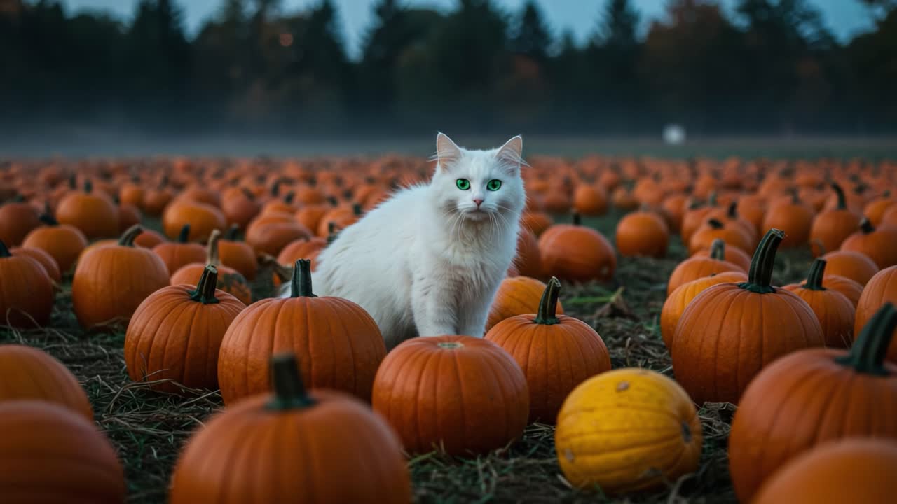 En finurlig hvid kat i en græskarplantage: En enigmatisk kat står blandt levende orange græskar med frodige grønne øjne, der fanger efterårets ånd i mystiske omgivelser.