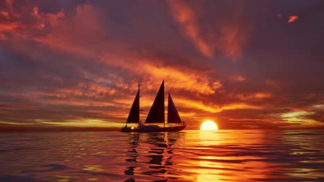 a cinematic scene of small sailing yacht boat sailing along the golden calm waters on lake, river, sea or ocean. beautiful sunset or sunrise, relaxation, calmness, sailing, sailors. luxury living