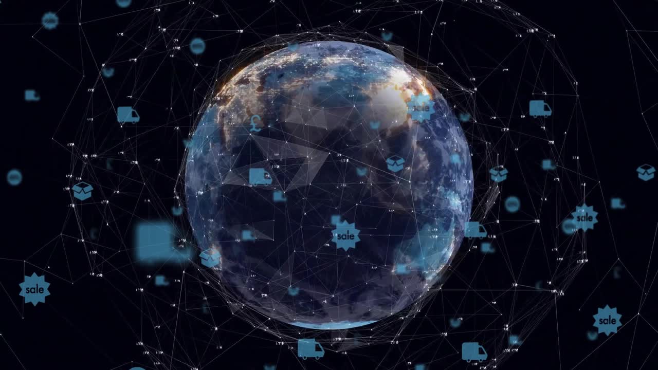 3D globe spinning in dark space, showing network lines connecting blue sale badges and truck icons