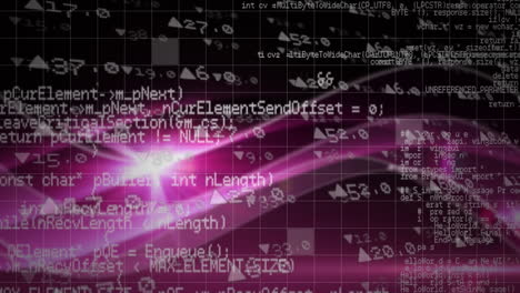 digital animation of stock market data processing against pink light trails on black background