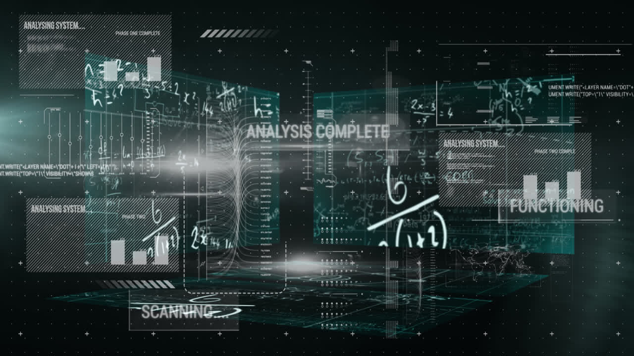 Animation of data processing with mathematical equations on black background
