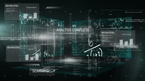 animation of data processing with mathematical equations on black background