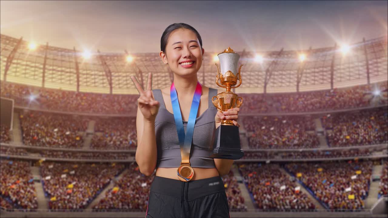 Woman Winning Trophy in Stadium