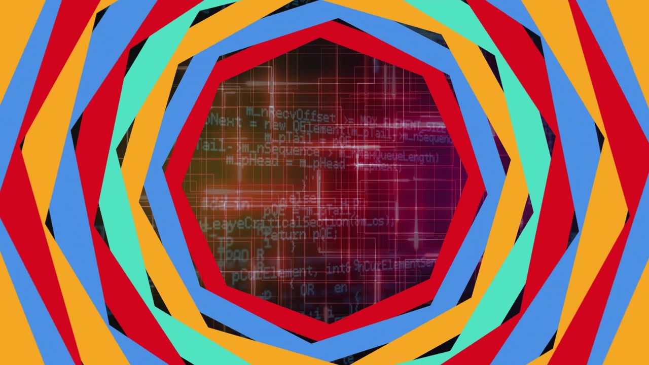 Animazione di forme colorate su un'elaborazione di dati e linee, su sfondo nero.
