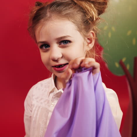 funny little girl with red hair posing in studio. emotions of the child. studio shooting of children.
