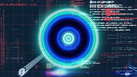Animation of neon round scanner and data processing over grid network against blue background