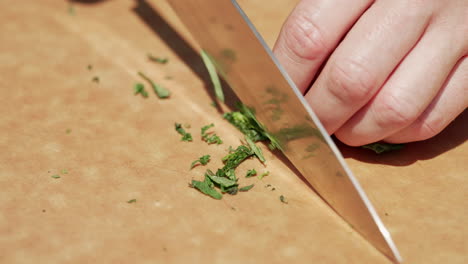 hands chopping green leafy vegetable with sharp knife