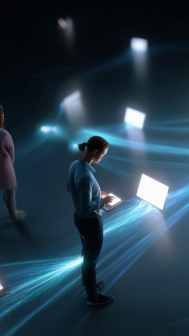 Illuminated Digital Interaction: A Figure Engaged with Technology Amidst Glowing Screens and Flowing Light in a Darkened Space