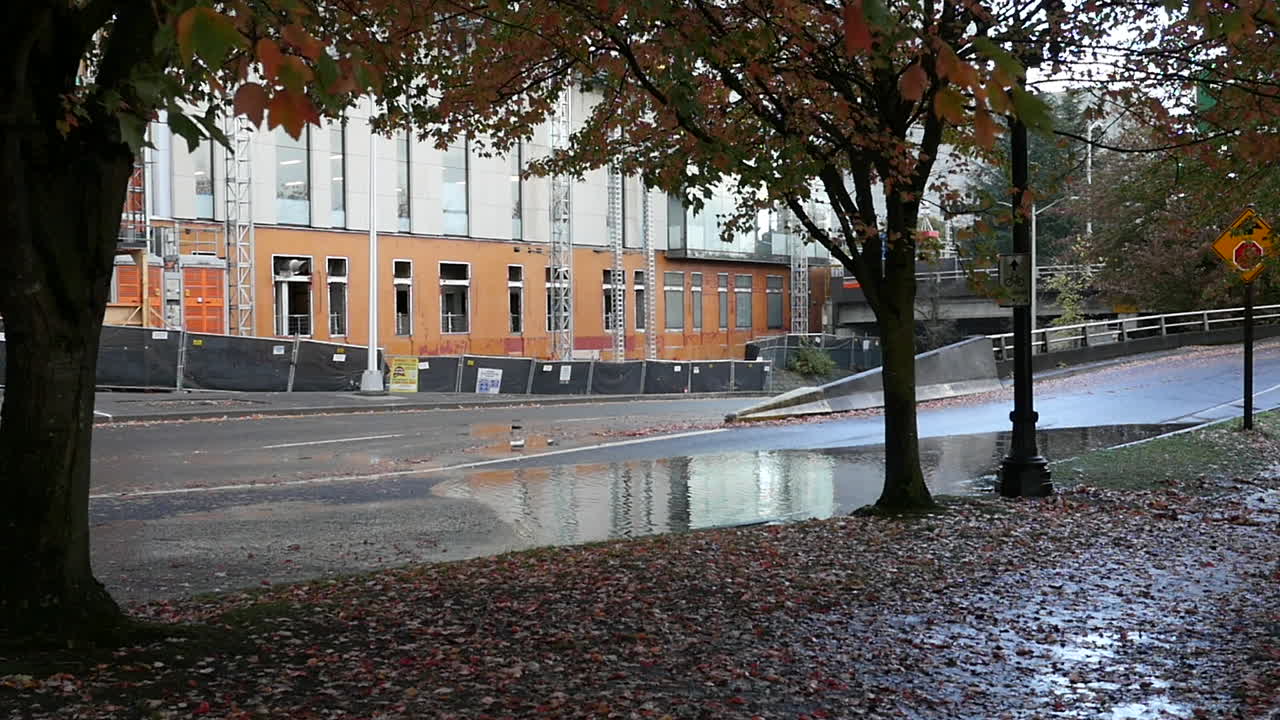 Slowmotion af biler der kører gennem en vandpyt i Portland, Oregon, USA, i høj opløsning HD