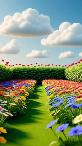 garden view from elevator. brightly colored flowers stretch across a lush garden visible through open elevator doors under a clear sky.